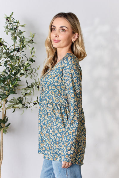 Heimish Full Size Floral Half Button Long Sleeve Blouse **on sale**