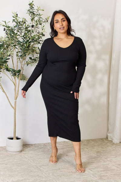 Culture Code Full Size Ribbed Long Sleeve Midi Slit Dress **on sale**