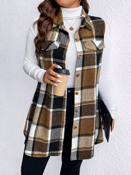 Honey Plus Size Pocketed Plaid Button Up Vest Coat *3 Colors*