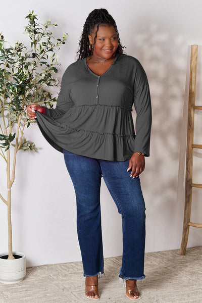 Double Take Half Button Long Sleeve Ruffle Hem Blouse **on sale**