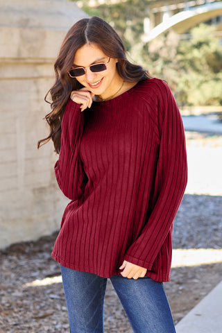 Basic Bae Full Size Ribbed Round Neck Long Sleeve Knit Top  **5 COLORS**