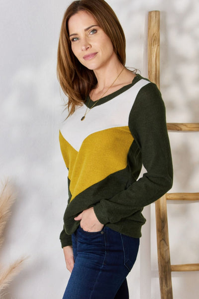 Hailey & Co Full Size Colorblock V-Neck Blouse **on sale**