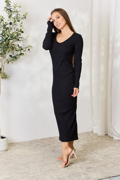 Culture Code Full Size Ribbed Long Sleeve Midi Slit Dress **on sale**