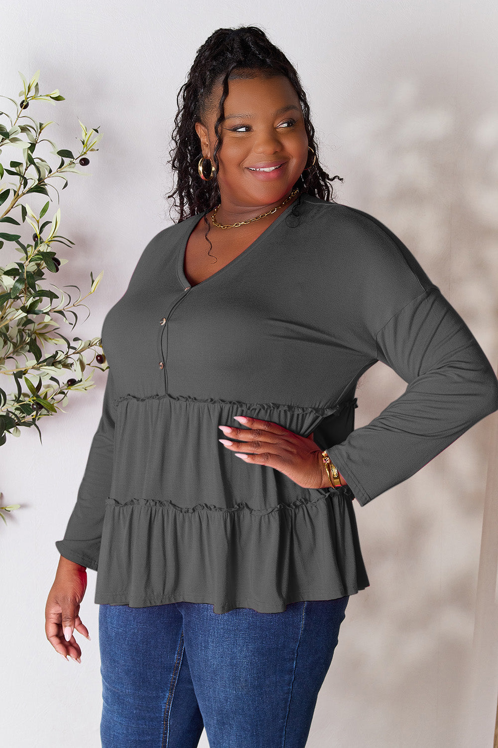 Double Take Half Button Long Sleeve Ruffle Hem Blouse **on sale**