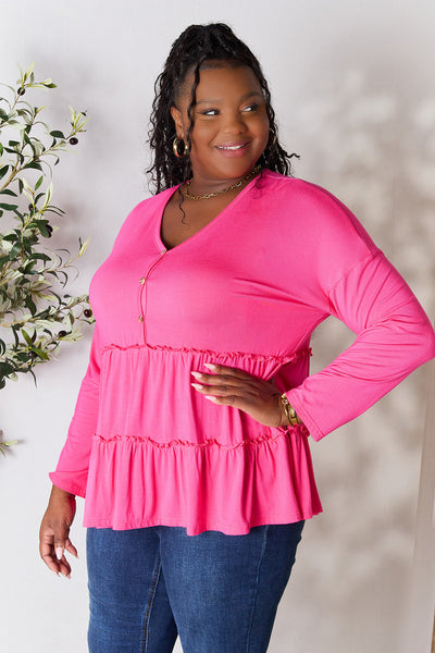 Double Take Half Button Long Sleeve Ruffle Hem Blouse **on sale**