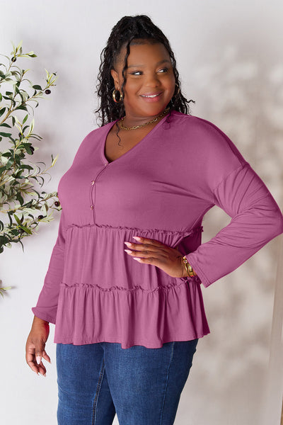 Double Take Half Button Long Sleeve Ruffle Hem Blouse **on sale**