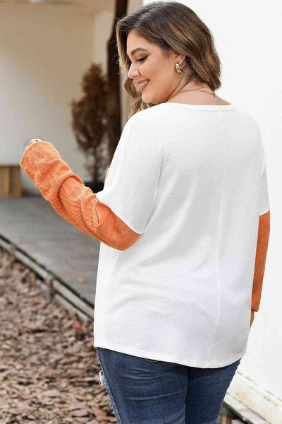 Plus Size Color Block Pumpkin/Taupe Dropped Shoulder Blouse