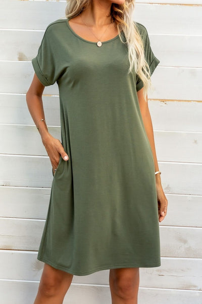 Scoop Neck Short Sleeve Pocket Dress-5 Different Colors