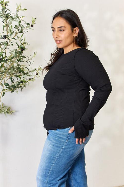 Ribbed Round Neck Long Sleeve Top