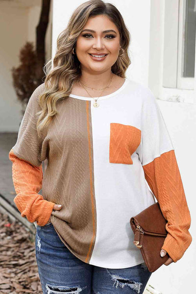 Plus Size Color Block Pumpkin/Taupe Dropped Shoulder Blouse