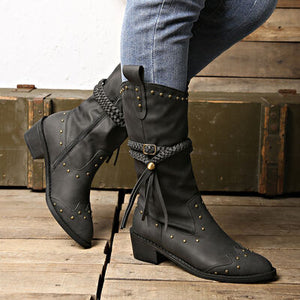 Studded PU Leather Block Heel Boots