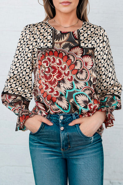 Printed Flounce Sleeve Blouse