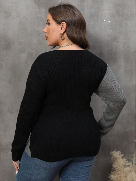 Plus Size Two-Tone Surplice Neck Sweater