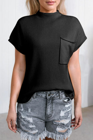 Simple Ribbed Mock Neck Short Sleeve Knit Top