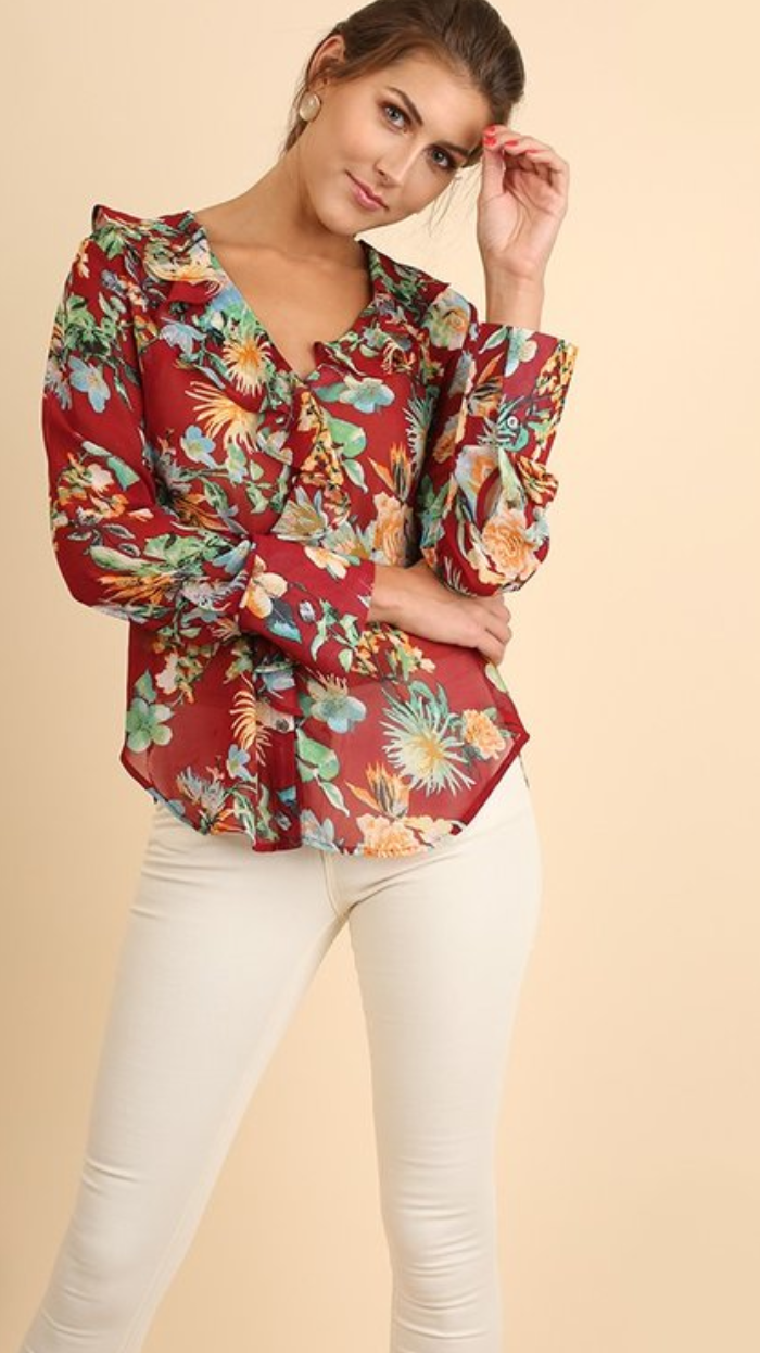 Button Up Floral Top with Ruffled