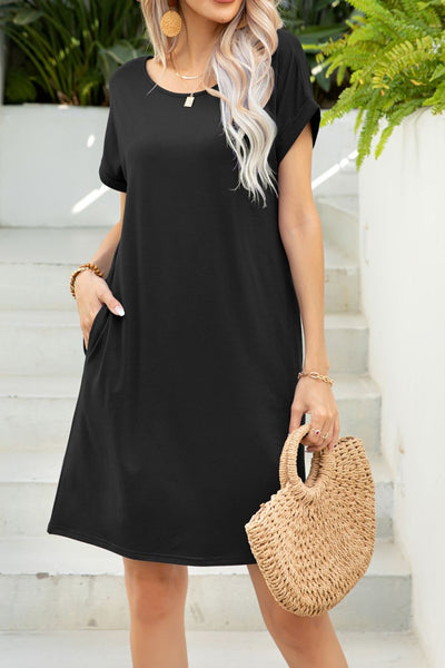 Scoop Neck Short Sleeve Pocket Dress-5 Different Colors