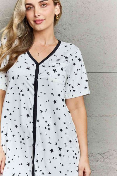 Black and White Quivers Button Down Sleepwear Dress