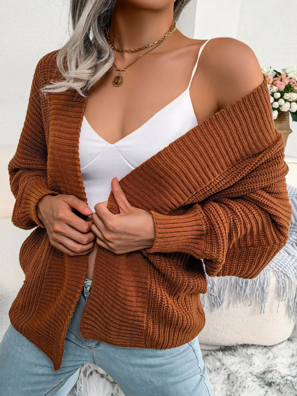 Rib-Knit Open Front Dolman Sleeve Cardigan   3 DIFFERENT COLORS