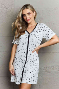 Black and White Quivers Button Down Sleepwear Dress